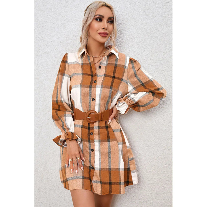 Plaid Collared Neck Flounce Sleeve Shirt Dress