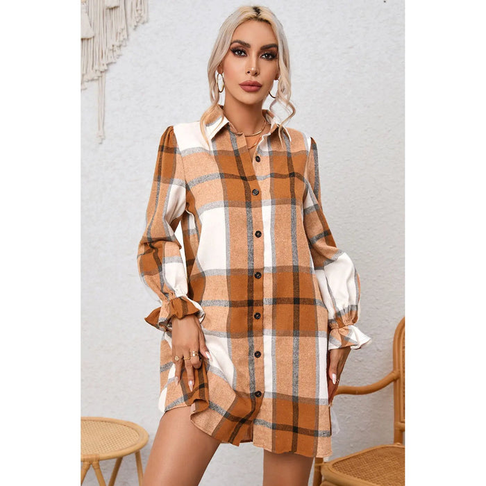 Plaid Collared Neck Flounce Sleeve Shirt Dress