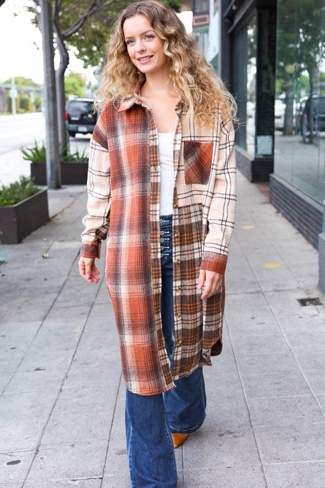 Rust & Taupe Color Block Plaid Longline Shacket