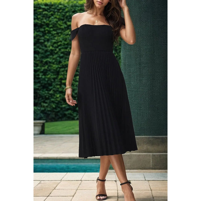 Pleated Off-Shoulder Midi Dress