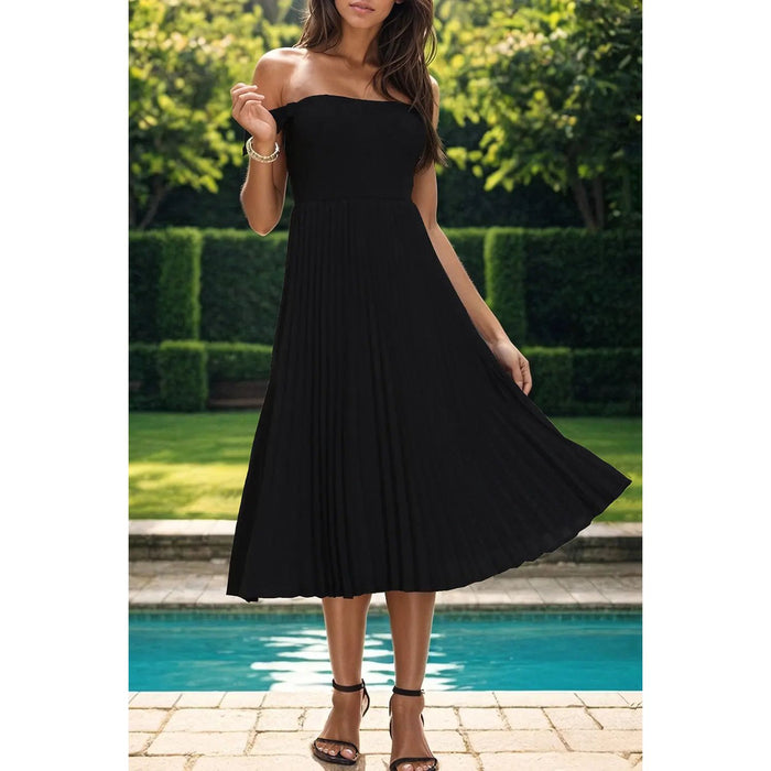 Pleated Off-Shoulder Midi Dress