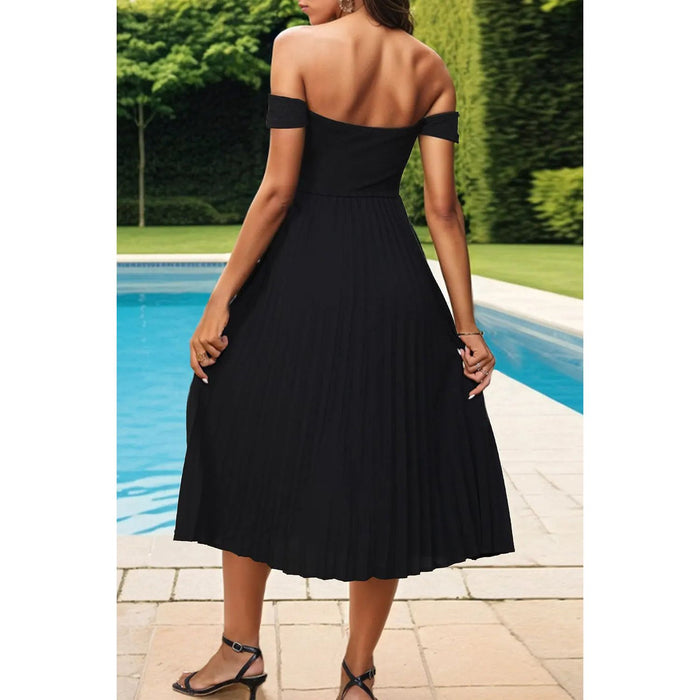 Pleated Off-Shoulder Midi Dress