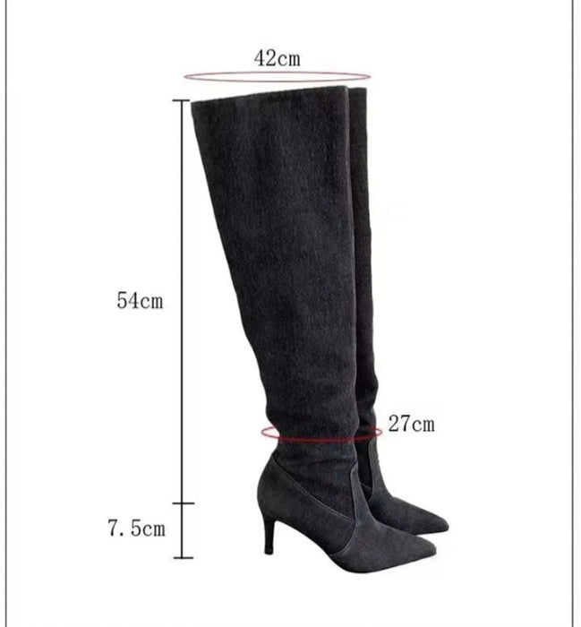 Pleated High Heels Knee High Women Denim Western Cowboy Boots