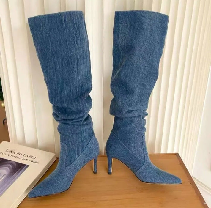 Pleated High Heels Knee High Women Denim Western Cowboy Boots