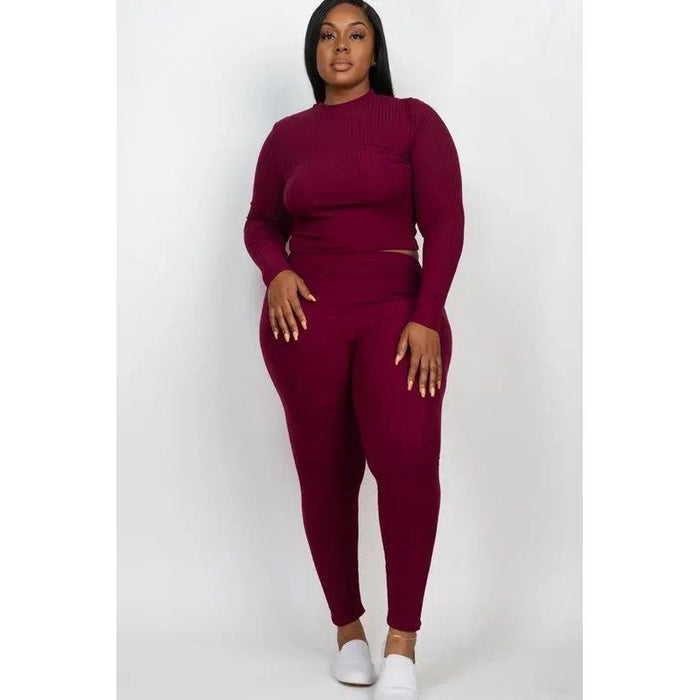 Plus Ribbed Mock Neck Long Sleeve Top&Leggings Set