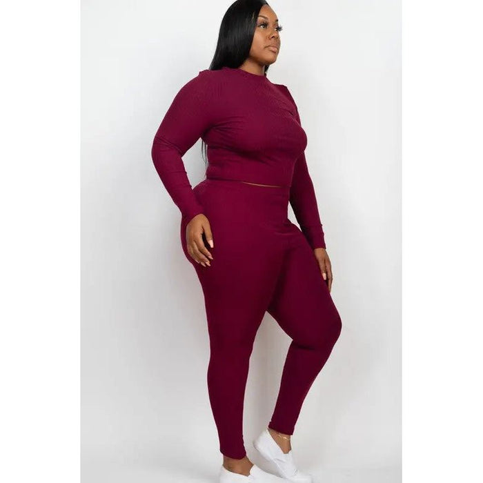 Plus Ribbed Mock Neck Long Sleeve Top&Leggings Set