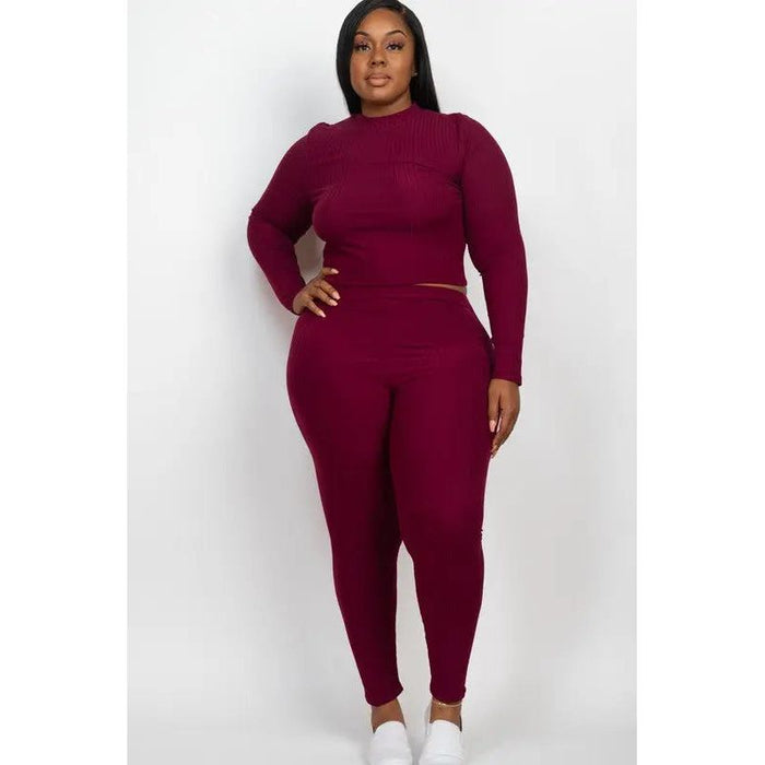 Plus Ribbed Mock Neck Long Sleeve Top&Leggings Set