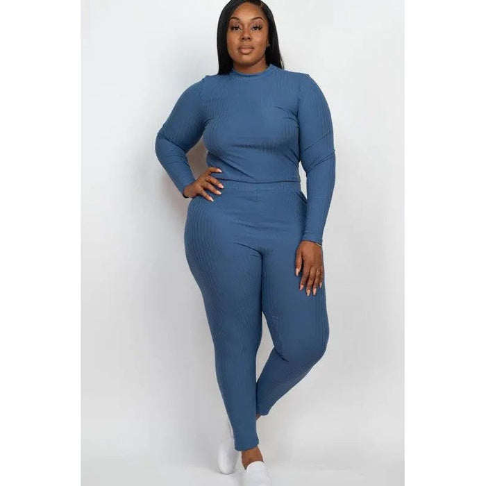 Plus Ribbed Mock Neck Long Sleeve Top&Leggings Set