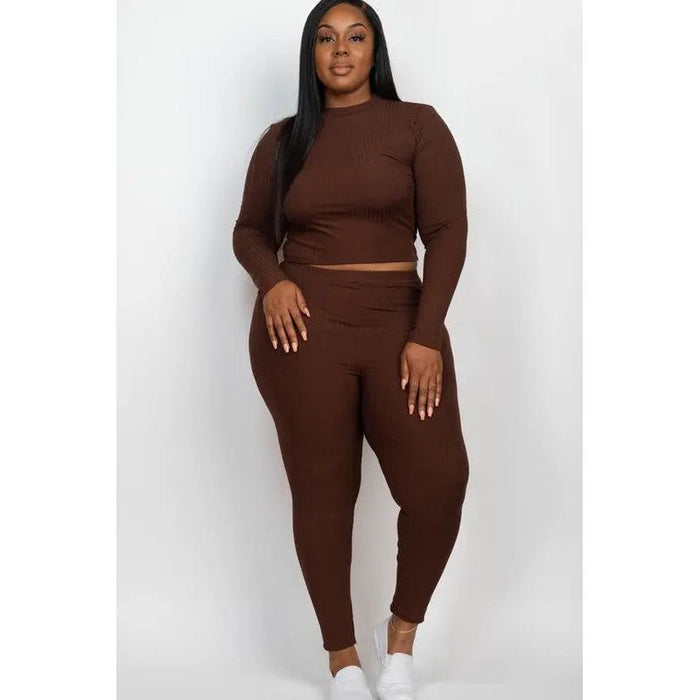 Plus Ribbed Mock Neck Long Sleeve Top&Leggings Set