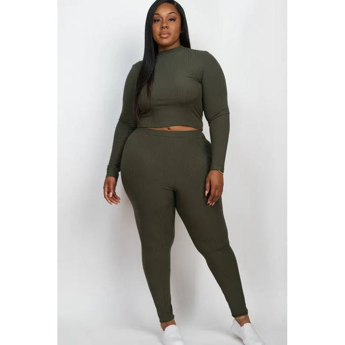 Plus Ribbed Mock Neck Long Sleeve Top&Leggings Set