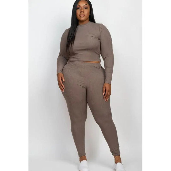 Plus Ribbed Mock Neck Long Sleeve Top&Leggings Set