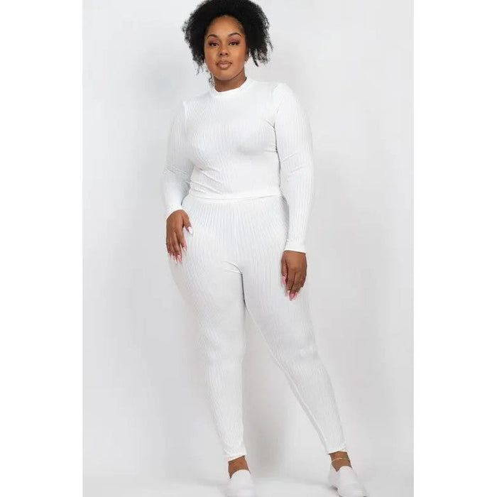 Plus Ribbed Mock Neck Long Sleeve Top&Leggings Set