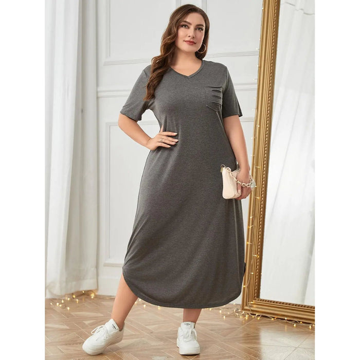 Plus Size Pocketed V-Neck Short Sleeve Lounge Dress