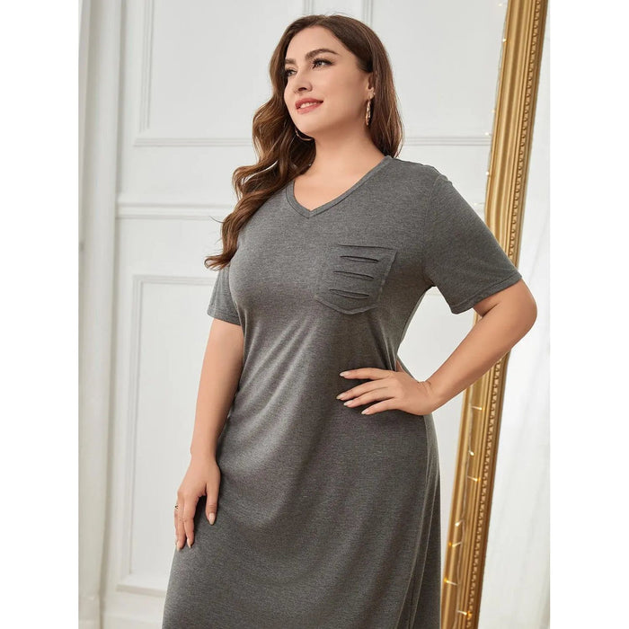 Plus Size Pocketed V-Neck Short Sleeve Lounge Dress