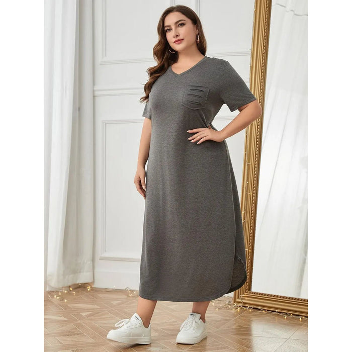 Plus Size Pocketed V-Neck Short Sleeve Lounge Dress