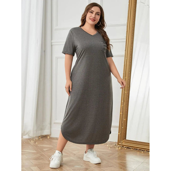 Plus Size Pocketed V-Neck Short Sleeve Lounge Dress