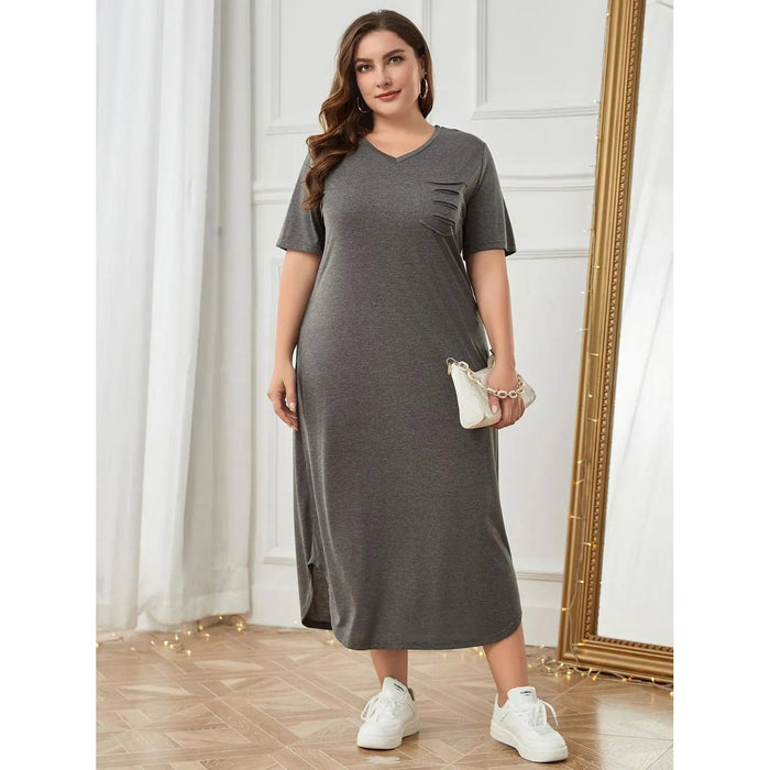 Plus Size Pocketed V-Neck Short Sleeve Lounge Dress