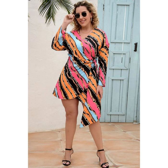 Plus Size Printed Surplice Neck Mini Dress