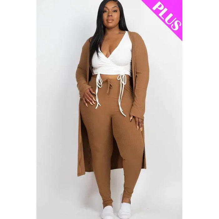 Plus Size Ribbed Long Cardigan & Leggings Set