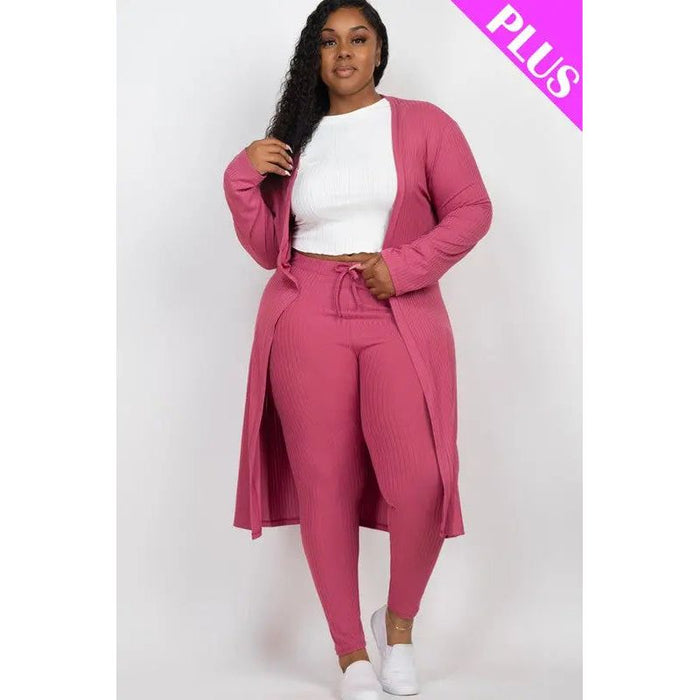 Plus Size Ribbed Long Cardigan & Leggings Set