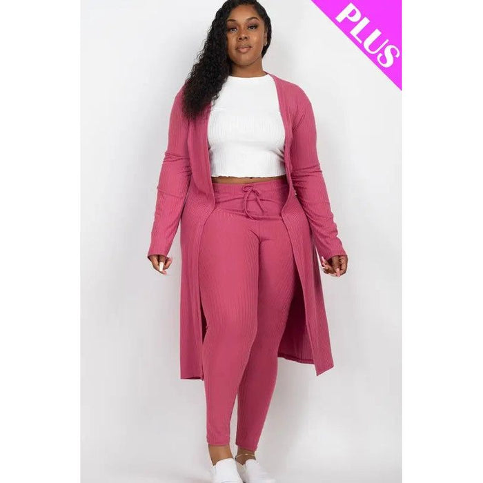 Plus Size Ribbed Long Cardigan & Leggings Set