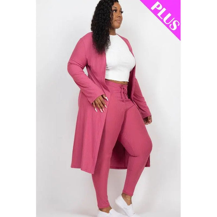 Plus Size Ribbed Long Cardigan & Leggings Set