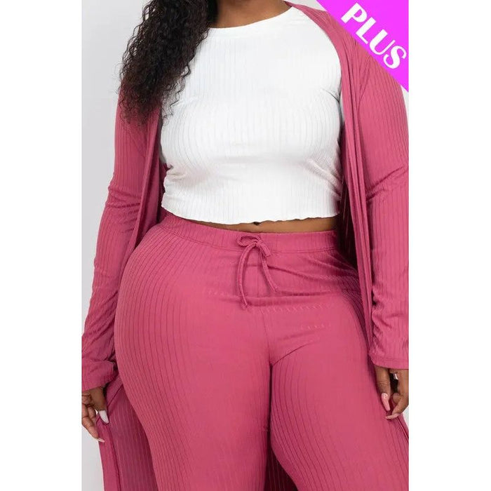 Plus Size Ribbed Long Cardigan & Leggings Set