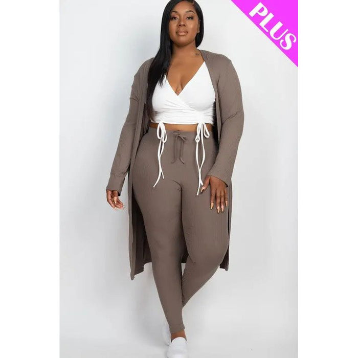 Plus Size Ribbed Long Cardigan & Leggings Set