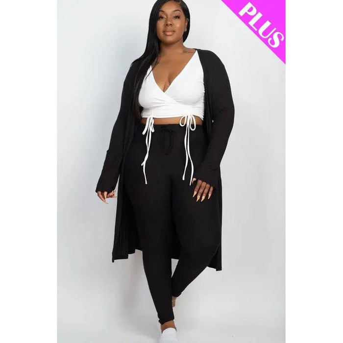 Plus Size Ribbed Long Cardigan & Leggings Set