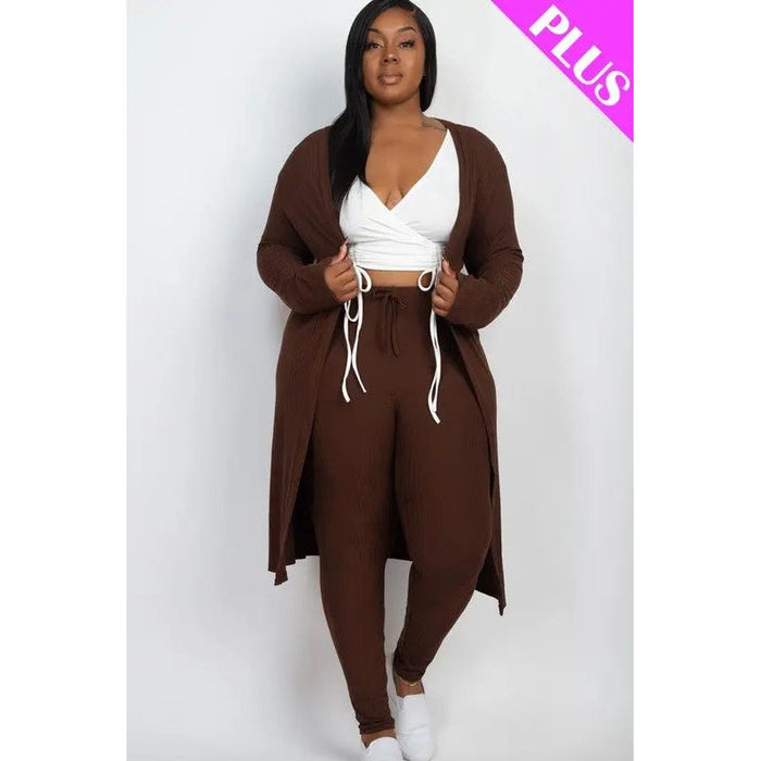 Plus Size Ribbed Long Cardigan & Leggings Set