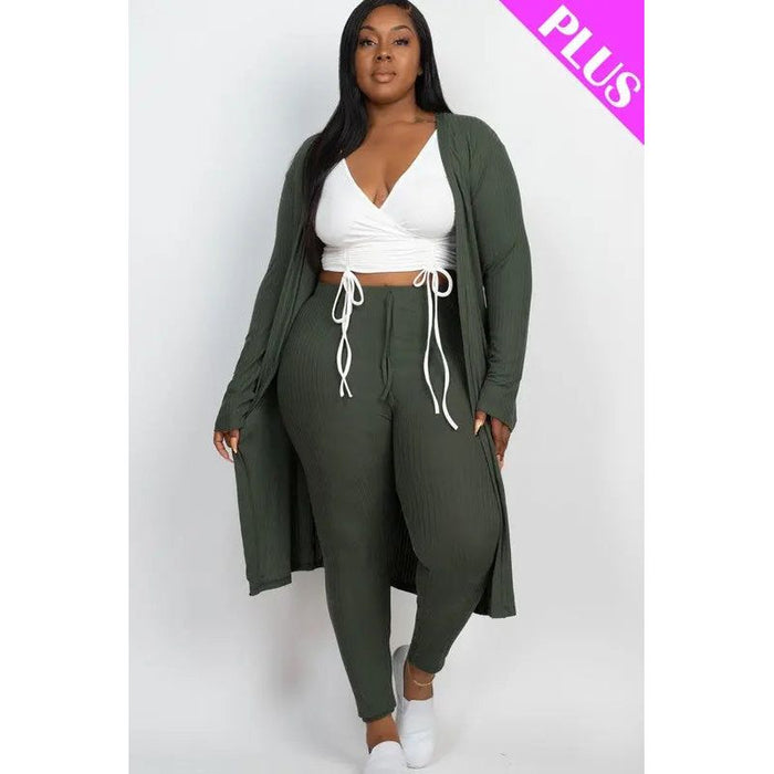 Plus Size Ribbed Long Cardigan & Leggings Set