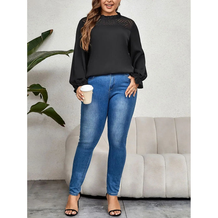 Plus Size Round Neck Flounce Sleeve Blouse