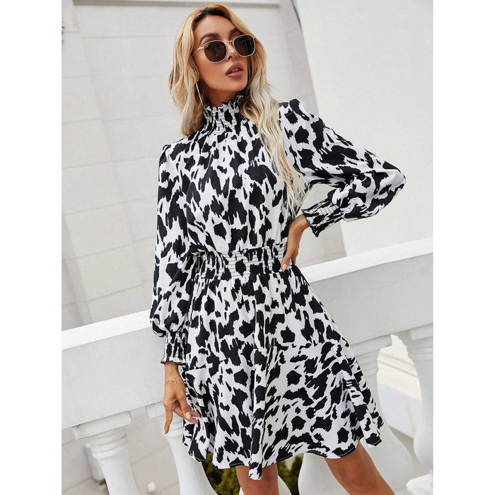 Printed Lantern Sleeve Turtleneck Dress