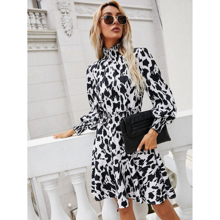 Printed Lantern Sleeve Turtleneck Dress