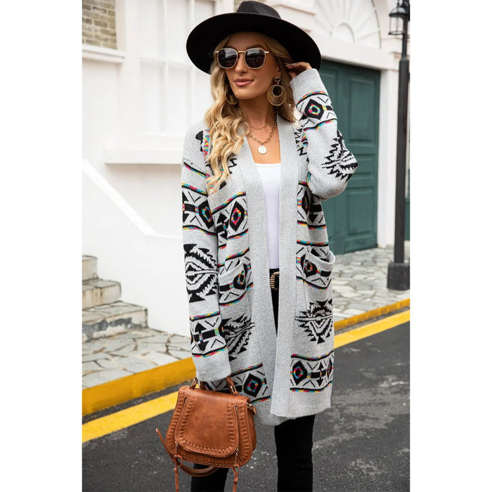 Printed Long Sleeve Cardigan with Pocket