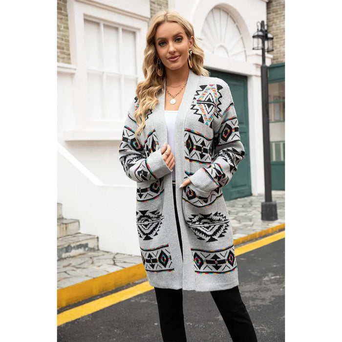 Printed Long Sleeve Cardigan with Pocket