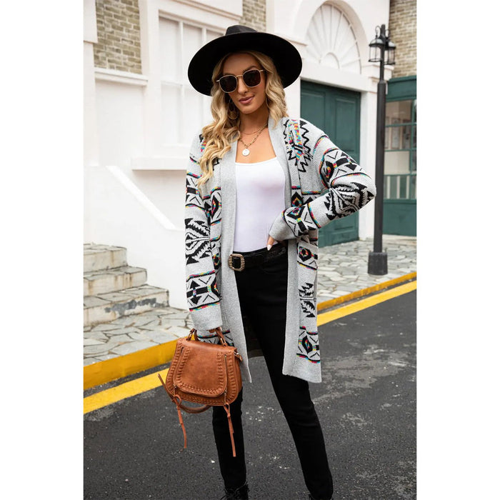 Printed Long Sleeve Cardigan with Pocket