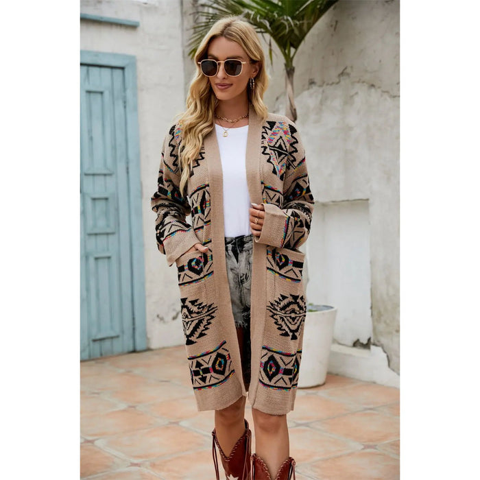 Printed Long Sleeve Cardigan with Pocket