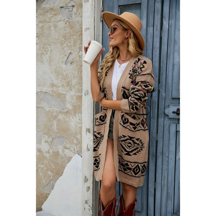 Printed Long Sleeve Cardigan with Pocket