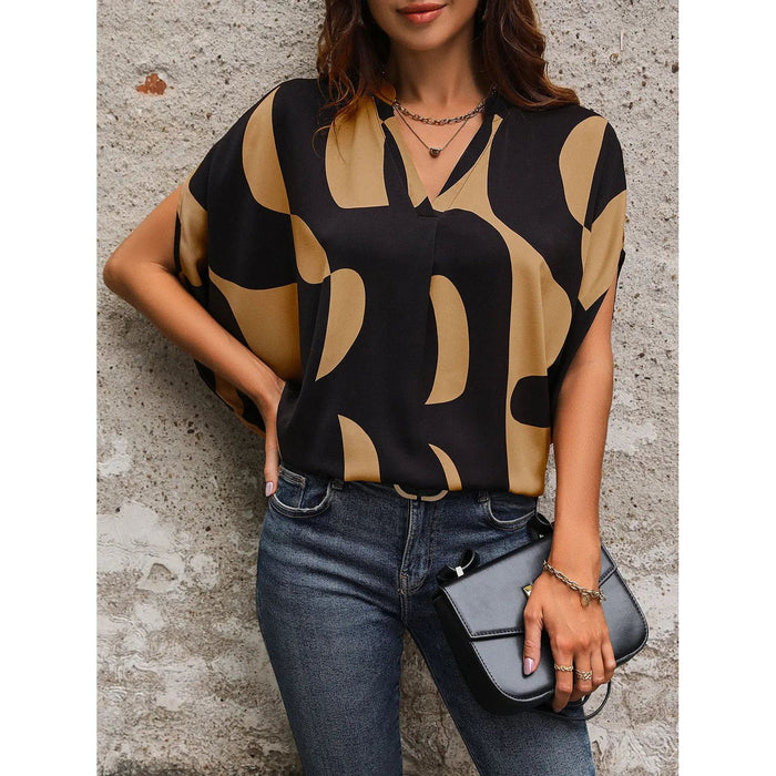 Printed Notched Slit Half Sleeve Blouse