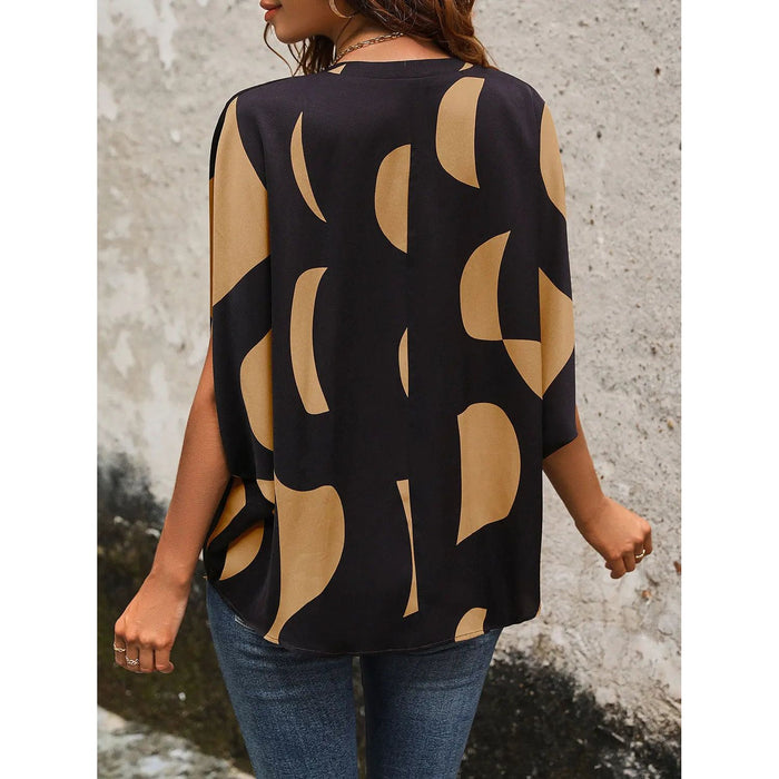 Printed Notched Slit Half Sleeve Blouse