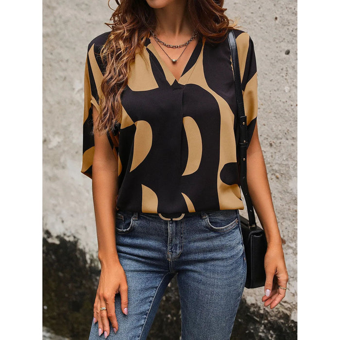 Printed Notched Slit Half Sleeve Blouse