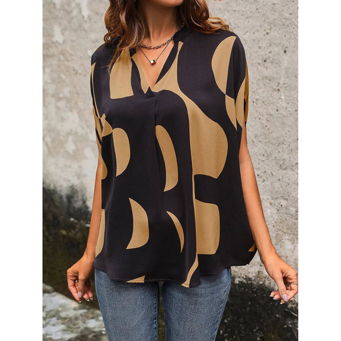 Printed Notched Slit Half Sleeve Blouse