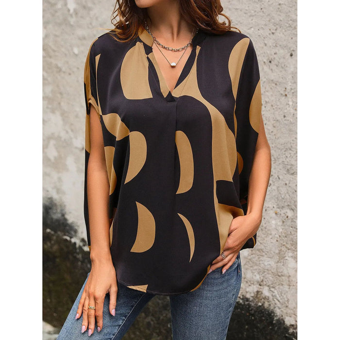 Printed Notched Slit Half Sleeve Blouse