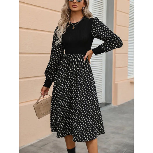 Printed Round Neck Long Sleeve Dress