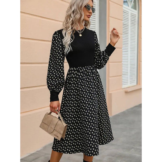 Printed Round Neck Long Sleeve Dress