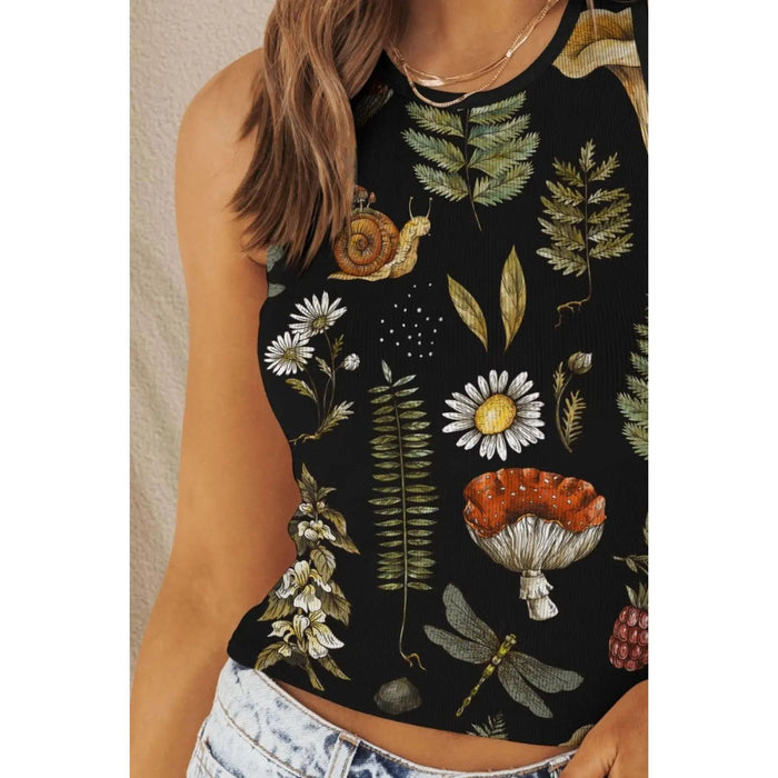 Printed Round Neck Wide Strap Tank