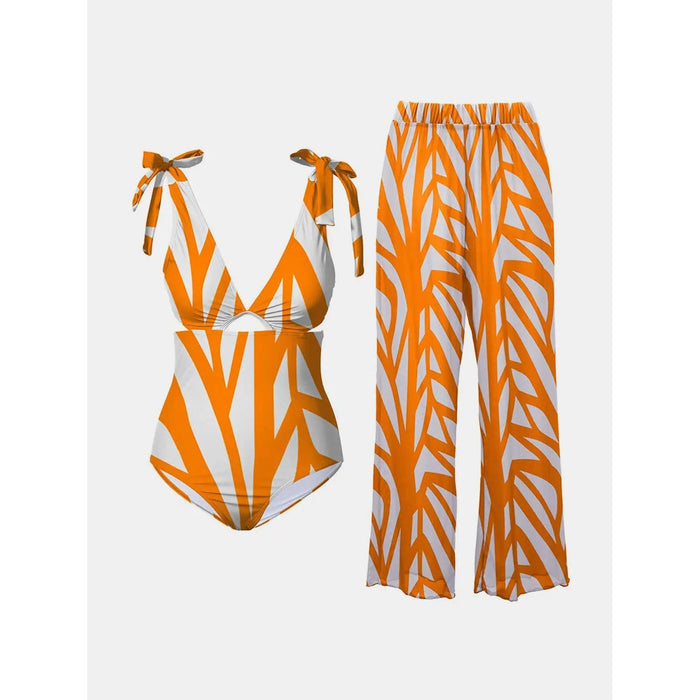 Printed Tie Shoulder Swimwear and Pants Swim Set