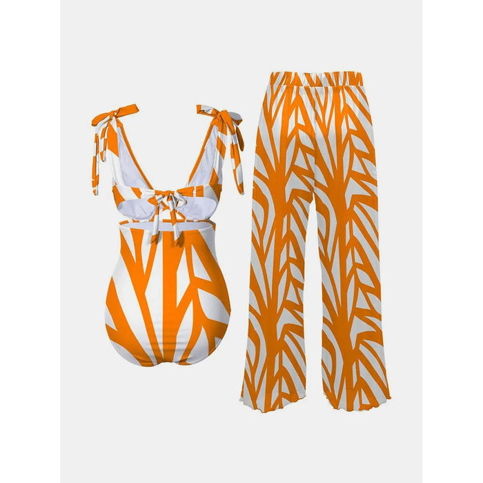 Printed Tie Shoulder Swimwear and Pants Swim Set