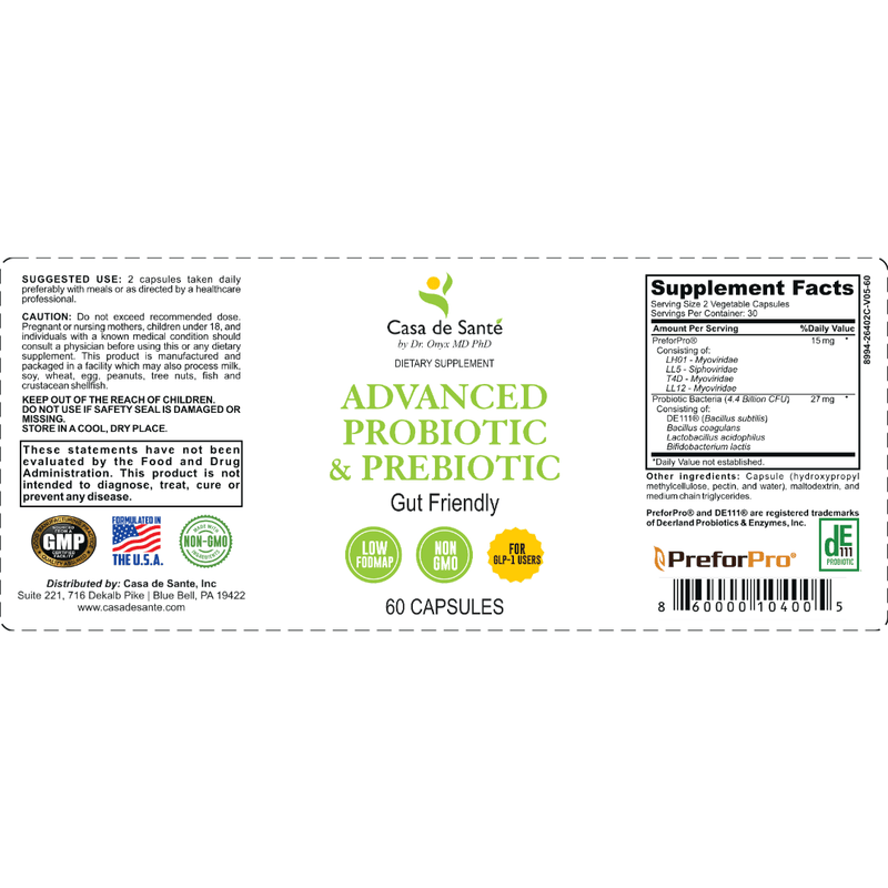 casa de sante Advanced Probiotic & Prebiotic | Low FODMAP Daily Gut Health & Microbiome Balance Digestive Support Supplements White Smoke